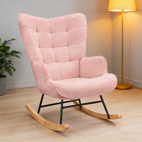Fauteuil à bascule,rocking chair avec accoudoirs,Pieds en bois massif,Pour le salon, chambre,peluche d'agneau,rose