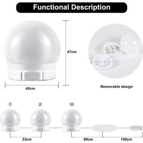 Lumière Miroir Hollywood - 10 Ampoules - 3 Températures De Couleur - Dimmable 10 Niveaux - Câble Ajustable Invisible - Kit Complet (1/5)