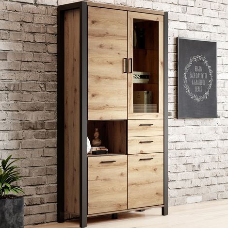 Wohnzimmer Vitrinenschrank ACCRA-83 in Taurus Eiche Nb. mit LED Beleuchtung, B/H/T: ca. 100/200/41 cm (1/5)