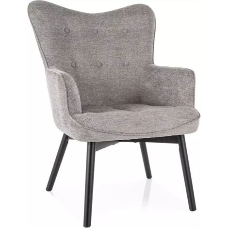 Chaise tissu gris dossier capitonné et pieds bois noir LORINDA (1/4)