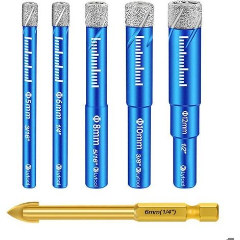 6 Pièces Foret Diamant Carrelage,Foret Diamant Gres Cerame avec 5,6,8,10,12 mm, Metal pour Carrelage de 6mm, Meche Carrelage (1/5)