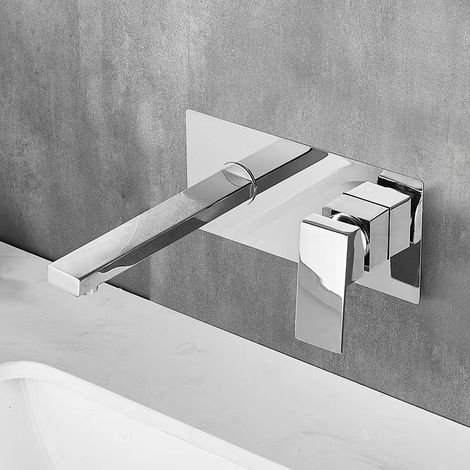 Wall Mounted Bathroom Sink Mixer Tap with Waterfall Extra Wide Spout Single Handle Concealed Faucet Basin Mixer Tap Bathtub Wall Mounted Faucet (Silver) (1/5)