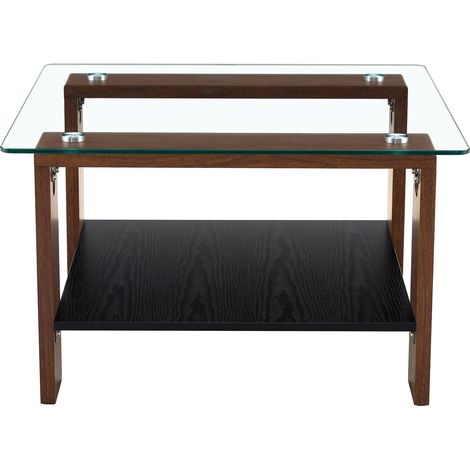 Table basse moderne en verre trempé et bois de noyer 65x41x45,5 cm avec rangement (1/5)