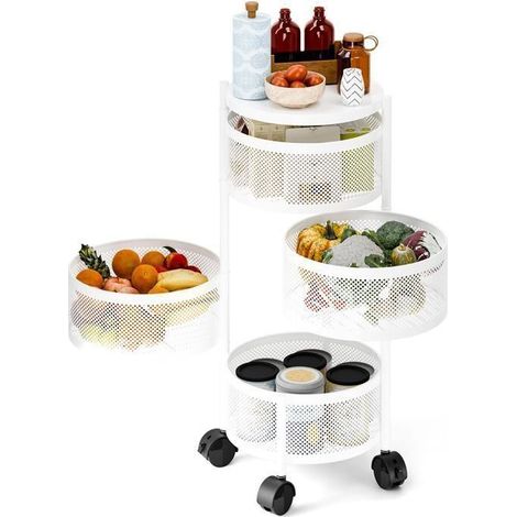Chariots de Service,Chariot de cuisine fruits légumes,Resserre ronde rotative,Desserte à Roulettes, 3 niveaux, 30X30X60CM, BLANC, Matériau: Fer (1/5)