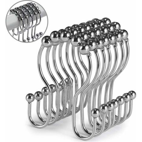 Crochets de rideau de douche, 12 pièces, anneaux de rideau de douche, rouleau en acier inoxydable, résistant à la rouille, double crochets de douche coulissants anti-chute pour rideaux de salle de