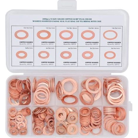 200Pcs Rondelles en Cuivre Assortiment Kit, 9 Tailles, M5 à M14, Assortiment de Joint Rondelle Plate en Laiton, pour Bagues d'Étanchéité et Joint de Bouchon de Vidange (1/4)