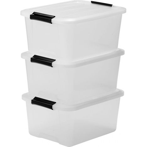Iris Ohyama 3 Cajas de almacenaje con tapa y cierres a presión, 15L, Transparente, apilables, encajables, contenador para ropas, juguetes, hogar, oficina y armario, organizar espacio, plástico, TB-1 (1/5)