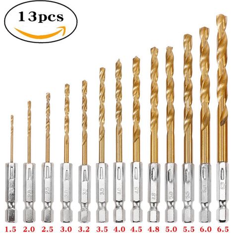 Juego de 13 brocas de impacto, HSS, con vástago hexagonal helicoidal y revestimiento de titanio para metal, acero, madera y plástico. Diseño de cambio rápido. (1/4)