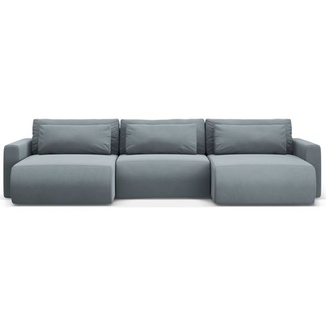 Canapé panoramique convertible + box 4 places velours bleu gris (1/5)