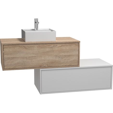 Vente-Unique – Meuble sous vasque suspendu blanc et naturel clair – Simple vasque carrée 41 cm – 2 tiroirs coulissants – Longueur 94 cm – Éco-responsable