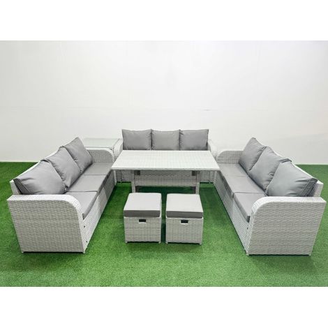 Fimous PE Rattan Lounge Sofa Set 11 Seater Outdoor Garden Furniture Set with Rectangular Dining Table 3 Seater Sofa 2 Stools Side Table Light Grey (1/4)