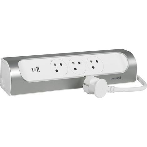 Multiprise d'Angle 3 Prises Surface avec Terre Prise USB-C Prise USB-A Installation Horizontale ou Verticale Cordon 1 m Blanc et Alu (1/5)