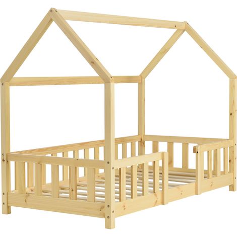Casita-cama infantil con barrera y somier de láminas de madera de pino natural 70 x 140 cm 030005487