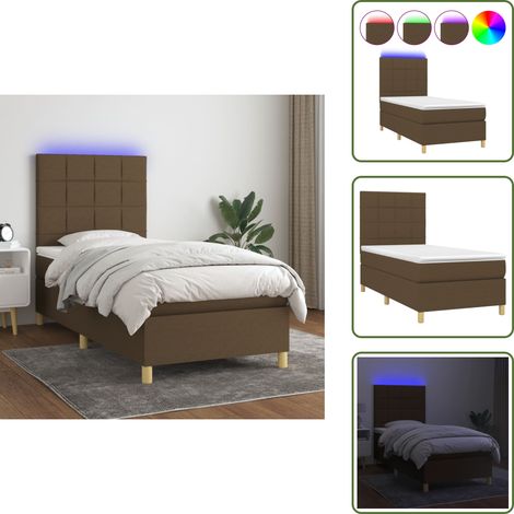 The Living Store Sommier à lattes de lit et matelas et LED Marron foncé 90x190cm - Sommier Tapissier - Lit Plateforme - Matelas Avec Led - Lit Double - Meuble Chambre (1/5)
