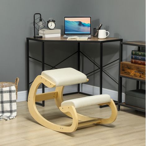 Silla ergonómica de rodillas 55x85x55 cm blanco crema en madera con base basculante (1/5)