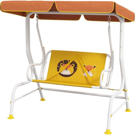 Balancelle de jardin 2 places à motif lion, auvent inclinable, charge maximale 60 kg, 110 x 70 x 110 cm, jaune (1/5)