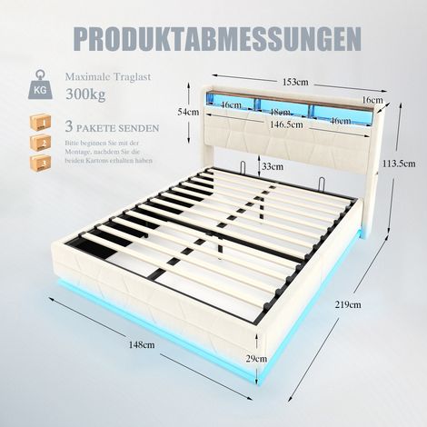 Lit double multifonction 140×200 cm beige,LED,étagères,poches latérales,recharge USB/Type-C,tête de lit rangement,cadre 300kg