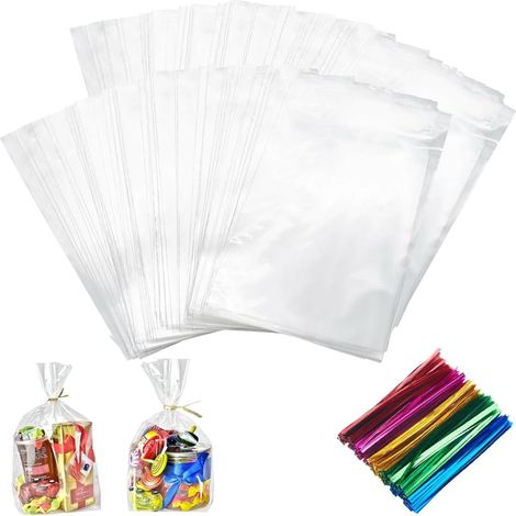 200 Pièces Sachet Bonbon Transparent 15x 20cm avec 200 Attaches Métalliques (1/5)
