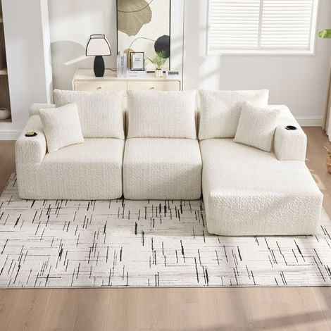 Canapé d'angle en L 261cm,canapé modulaire compressé en chenille,avec porte-gobelets,canapé 3 place,assise profonde,beige (1/5)