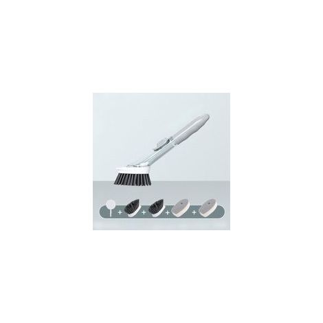 Spazzola dosatrice per detersivo per piatti e pentole, 2 testine e lama di pulizia integrata con 2 testine in spugna, utensili da cucina con pomelli in silicone, grigio - Crezuo