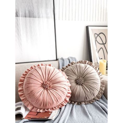 Oreiller rond Coussin de canapé rond élastique en velours de coton PP bleu, 35cm, à volants, pour la décoration vente chaud (1/4)
