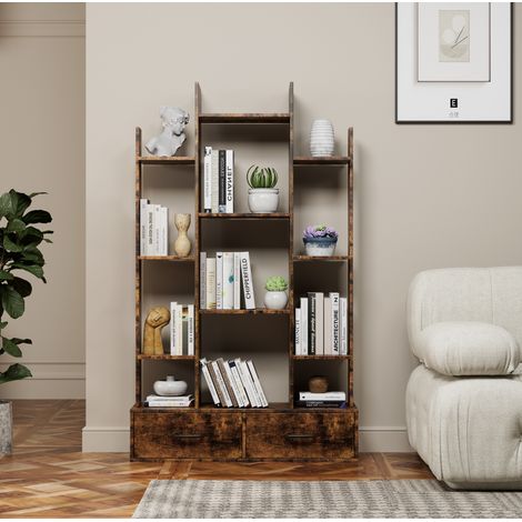 Estantería librería 86.1x25.1x140.5 cm marrón en madera y metal con 12 estantes abiertos y 2 cajones (1/5)