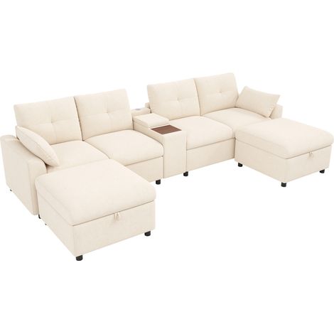 Canapé d'angle modulaire 6 places en chenille beige avec poufs de rangement et console centrale multifonction (1/5)