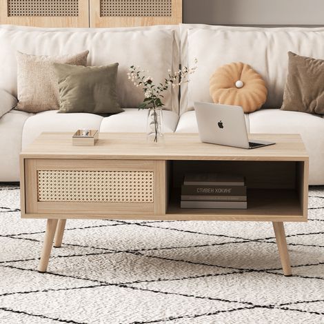 Table basse de salon rotin tressé, portes coulissantes, rangement, pieds bois massif, Chêne 105x55x40cm