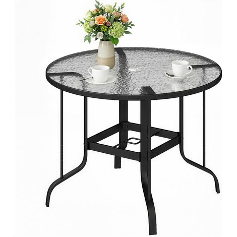 Tavolino da giardino rotondo con foro ombrellone metallo vetro temperato nero Ø96,5x71 cm (1/5)