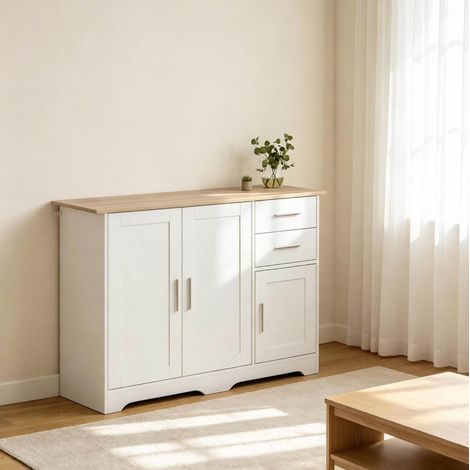 Buffet enfilade 100 cm 2 tiroirs blanc bois naturel HAVRYA (1/5)