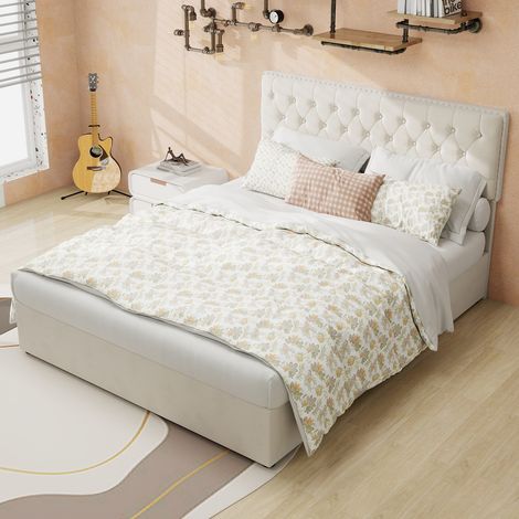 Letto matrimoniale 140x200cm apertura a pistone ampio spazio montaggio semplice tessuto e metallo beige per camera (Senza materasso)