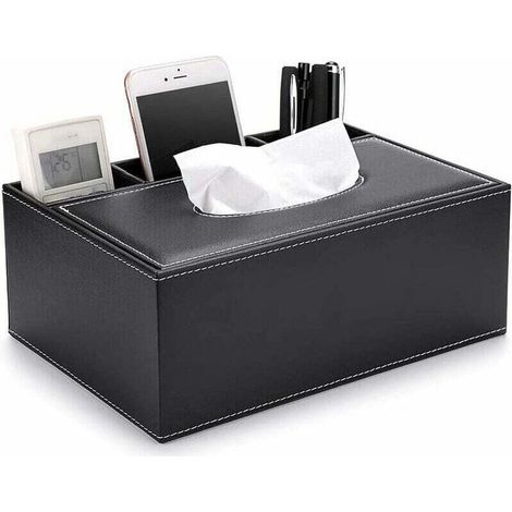 Boîte à mouchoirs rectangulaire en cuir PU avec boîte de rangement télécommandée - Boîte de rangement élégante et élégante pour porte-serviettes, noir (1/4)