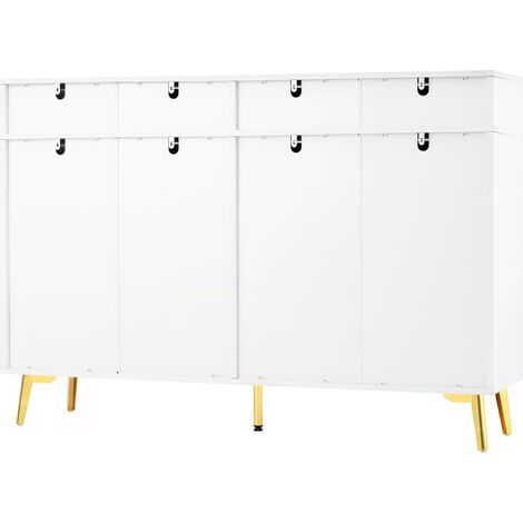 Buffet blanc avec poignées et pieds dorés, 4 portes, 4 tiroirs, 140 x 38 x 82 cm (1/5)