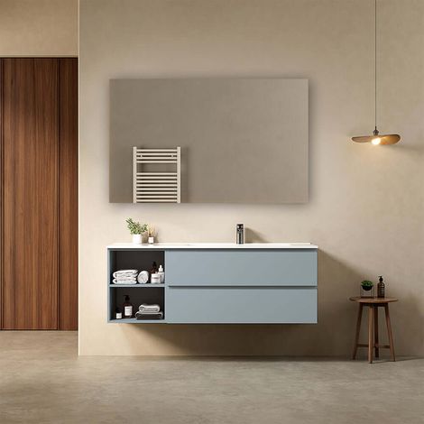 Mobile bagno sospeso 140 cm Blu Avio Lavabo a Destra in Resina Specchio Quadro - Fiji Paint Plus (1/4)