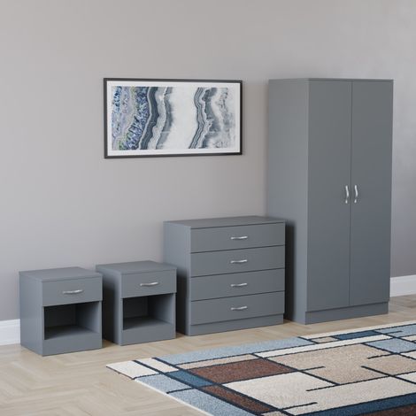 Riano 4 Piece Bedroom Set (1 Drawer Bedside Chest, 4 Drawer Chest, 2 Door Wardrobe) Grey (1/5)