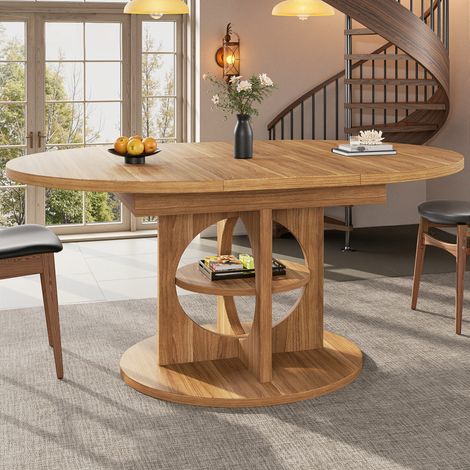 Îlot de cuisine 150x110x76 cm avec plateau extensible, table ronde, salle à manger, repas familial, en MDF et métal, effet bois