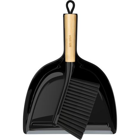 Dustpan and Brush Set, Small Dustpan Dustpan and Brush with Bamboo Handle, Small Dust-Collecting Mop with Hanging Handle, Pack of 1, Black (1/5)
