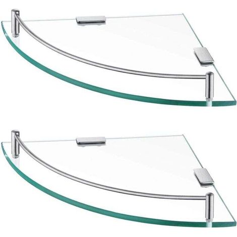 Tempered Glass Corner Wall Shelf for Bathroom with Towel Bar 2 Pieces Brushed Stainless Steel (1/4)