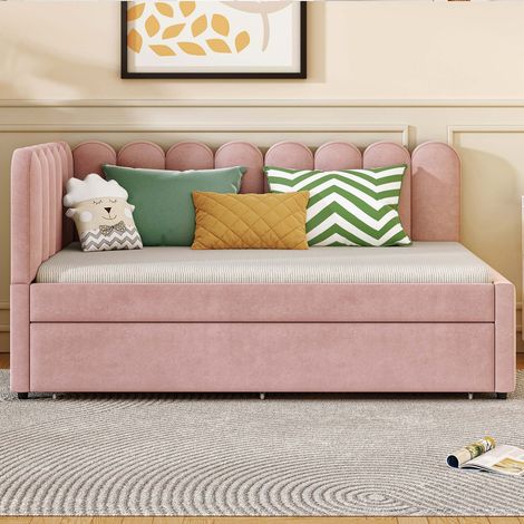 Lit banquette d’angle 140x200 cm rose en velours, canapé-lit avec lit gigogne coulissant, dossier rembourré floral, sommier à lattes inclus, sans matelas (1/5)