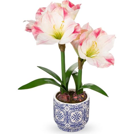 Amaryllis artificielle rose dans un pot en céramique bleu de 45,7 cm de haut, fausse amaryllis d'intérieur avec bulbes décoratifs pour la maison, le bureau, la salle de bain, la décoration de (1/5)