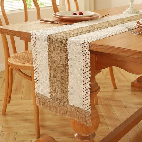 Camino de mesa estilo bohemio con borlas,camino de mesa con tejido de lino,camino de mesa con mantel calado de estilo rústico,30x275cm (1/5)