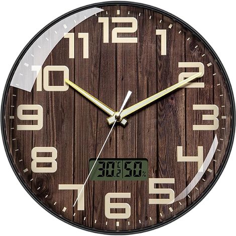 Horloge murale avec thermomètre et hygromètre 30 cm aspect bois marron grands chiffres écran LCD (1/5)
