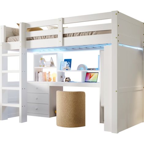 Lit mezzanine 90x200 cm blanc avec LED, bureau, armoire, tiroirs et rangements intégrés pour chambre enfant, sécurisé dès 6 ans, sans matelas CHICFURN (1/5)