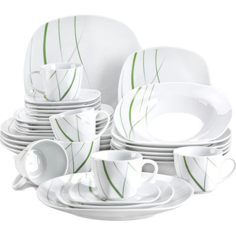 Juego de vajilla de porcelana, fuente de cerámica para 6 personas, platos llanos, platos de postre y hondos, tazas y platillos, apto para microondas y lavavajillas, juego de 30 piezas. (1/2)