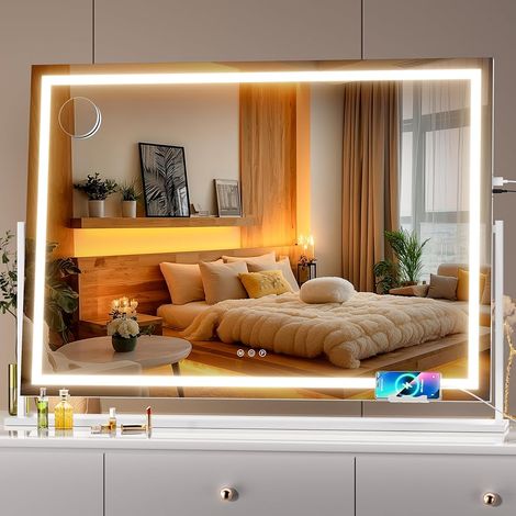 Hasipu Schminkspiegel mit Beleuchtung 100 x 72 cm, LED Kosmetikspiegel mit Handyhalterung und USB-Ladeanschluss, 360° Drehung Tischspiegel für Make-up Gerade Weiß