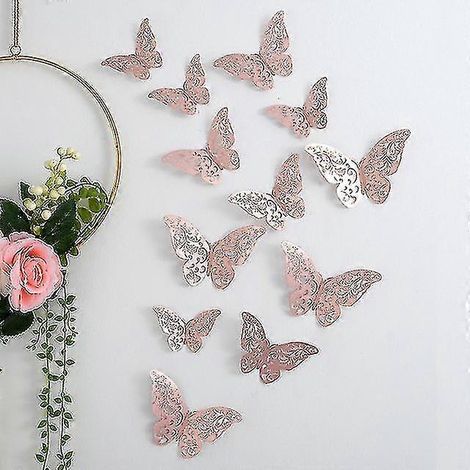 12 stickers muraux papillons en relief (3D) pour le salon, or rose (1/5)