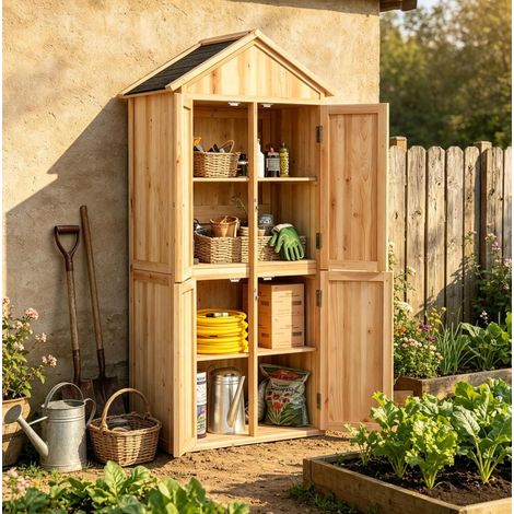Armadio da giardino 82x50x190 cm, tetto inclinato con rivestimento in asfalto, chiusura magnetica e serratura in metallo, legno naturale (1/5)