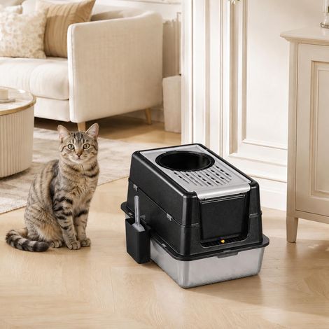 Bac à litière pour chat en acier inoxydable XL avec couvercle ventilé, tiroir & porte battante – hauts bords anti-fuites, anti-odeurs, antiadhésif, facile à nettoyer, pelle – Noir, 60 x 40 x 43,5 cm, (1/5)