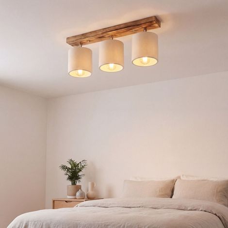 Spot Strahler Metall Stoff E27 verstellbar geflammtes Holz Natur 3-flammig länglich Modern