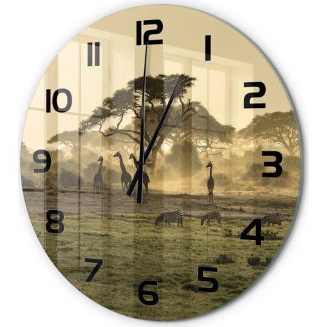 Horloge Murale Ronde Sans Cadre en Verre Trempé Silencieuse et Moderne Girafes dans la savane fi 60 cm (1/5)